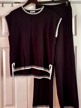 Black Knit Two-Piece Set with White Trim